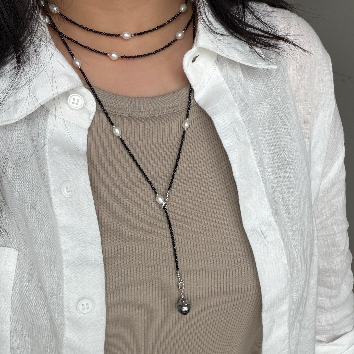 148cm(58in) long Versetile Black Spinel Pearl necklace s925