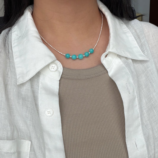 Big Smile Tiffany Blue color Amazonite stone freshwater pearl keshi necklace s925
