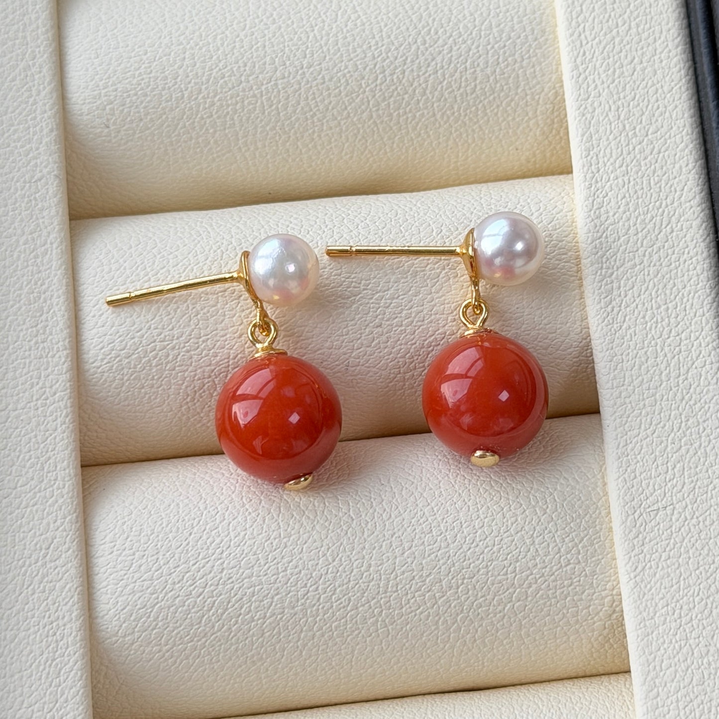 Double drop earrings south red agate with Akoya Pearl s925