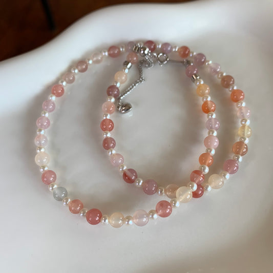 【Soft Aura Collection】Pink orange agate with pearl necklace s925