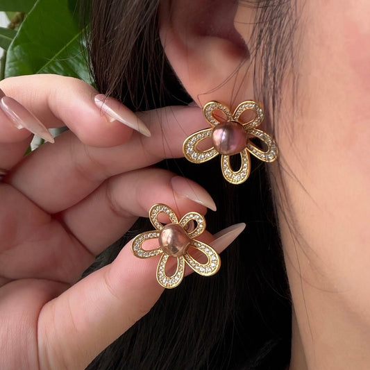 Golden Flower Metallic metal purple pearl earrings s925 cz stones