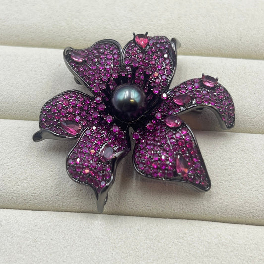 Black Tahitian Pearl Black Pink Floral Brooch