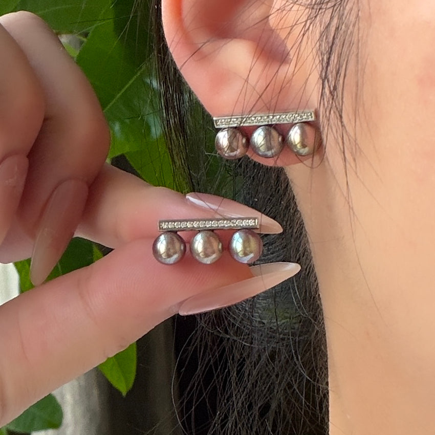 Top grade 6.5mm Purple Freshwater pearl balance earring studs s925