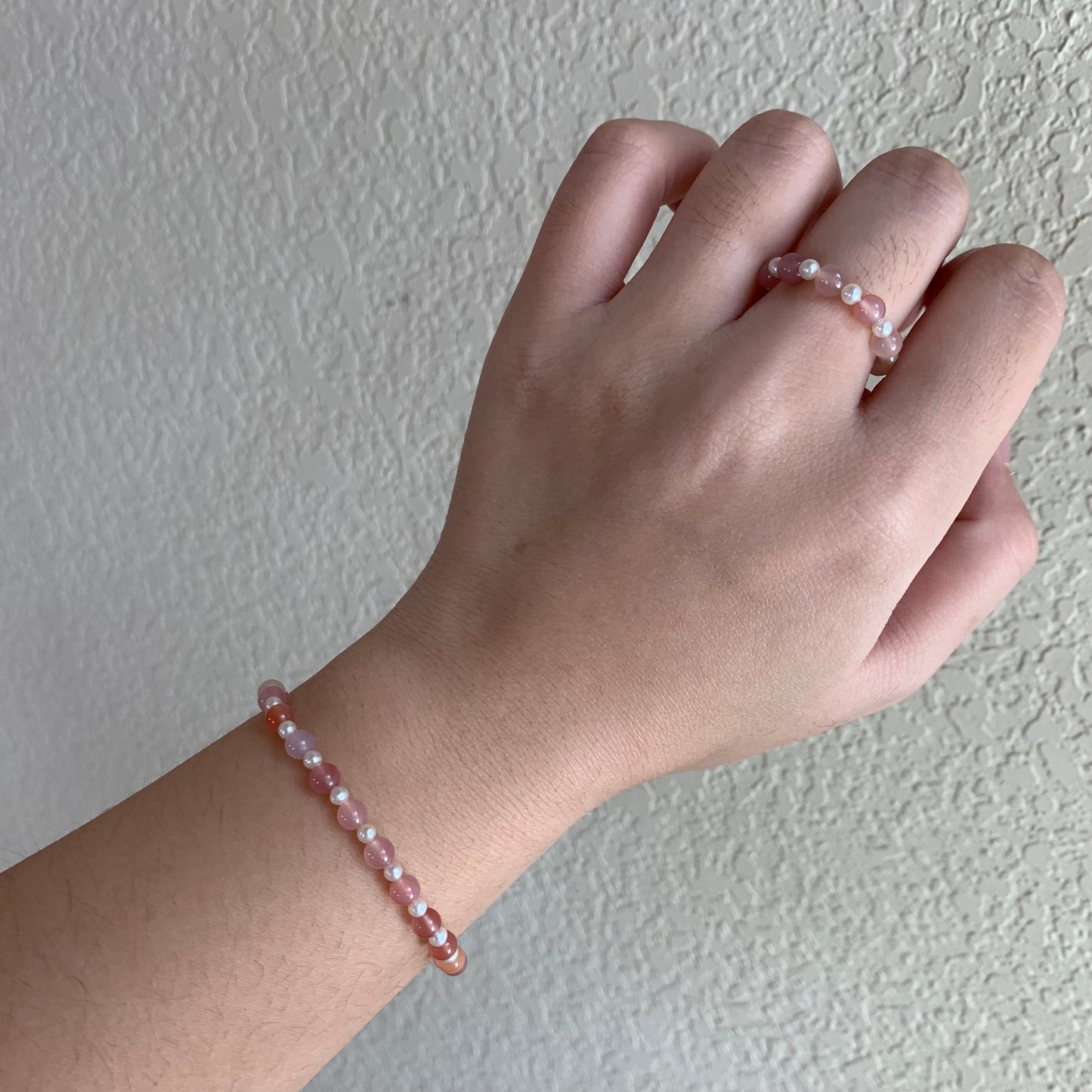 【Soft Aura Collection】Pink agate pearl ring elastic