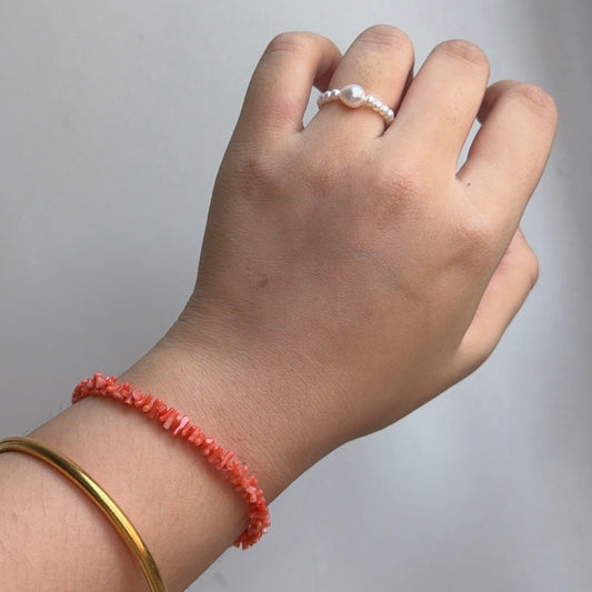 Coral Bracelet with Freshwater pearl elastic ring s925