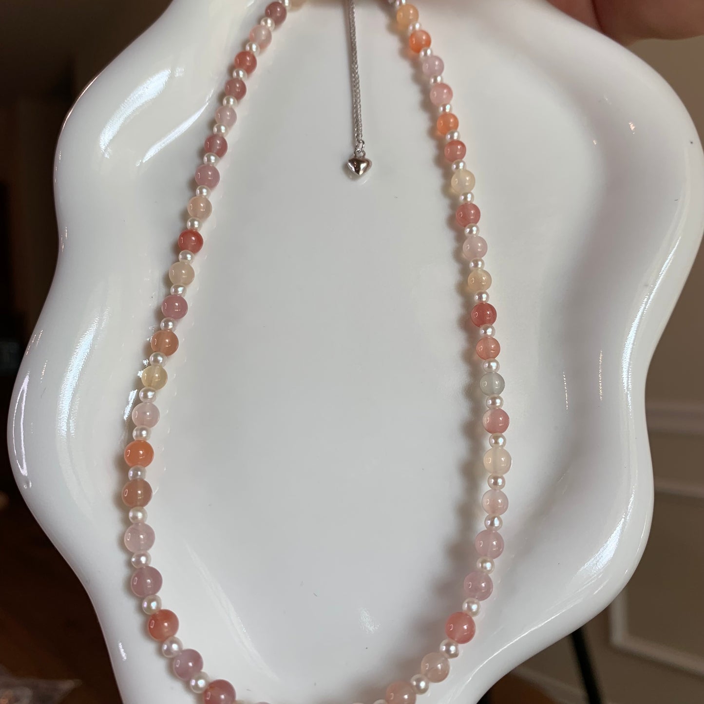 【Soft Aura Collection】Pink orange agate with pearl necklace s925
