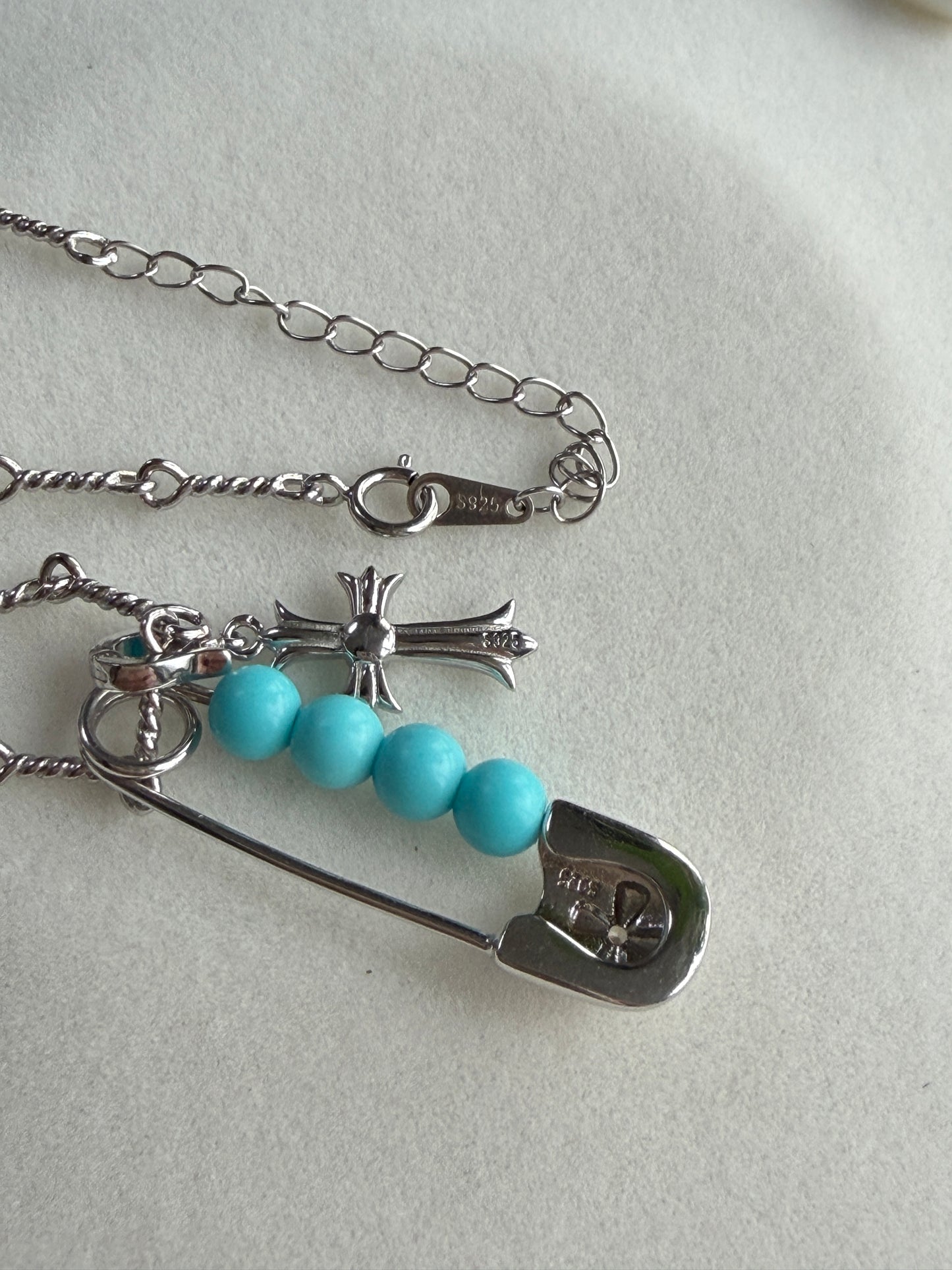 Super fun Chrome Turquoise heart with cross chain necklace s925 rock n roll cool style versatile necklace