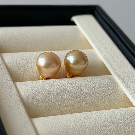 South sea golden Pearl 9.5mm smooth baroque earring stud s925
