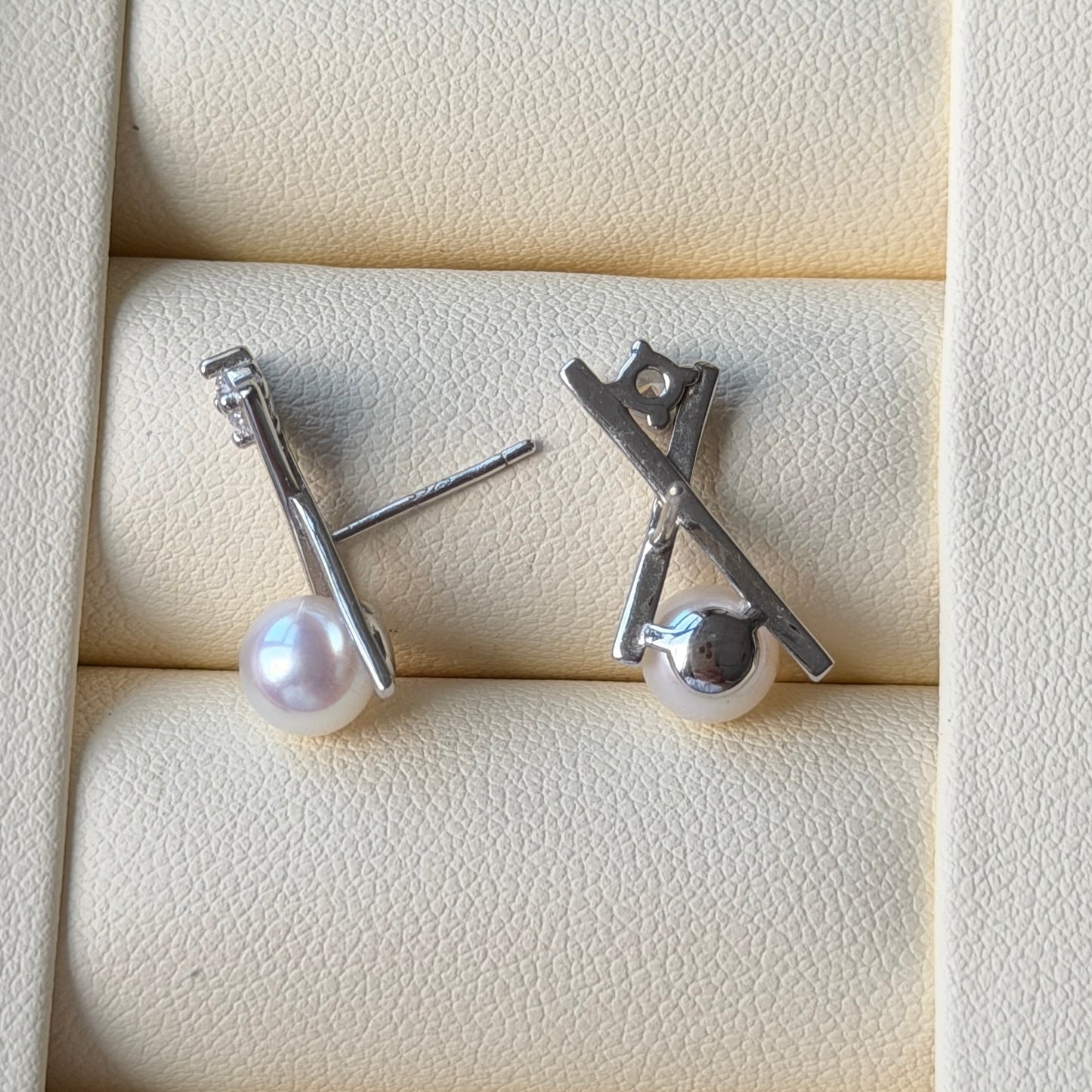 6.5-7mm freshwater pearl X shape Cz stone earring studs s925 office style everyday wear dainty simple timeless