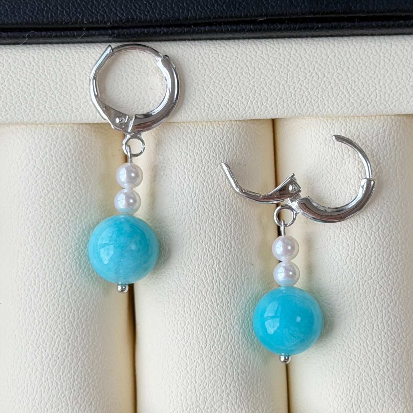 Tiffany blue color Amazonite pearl earring hoop style s925