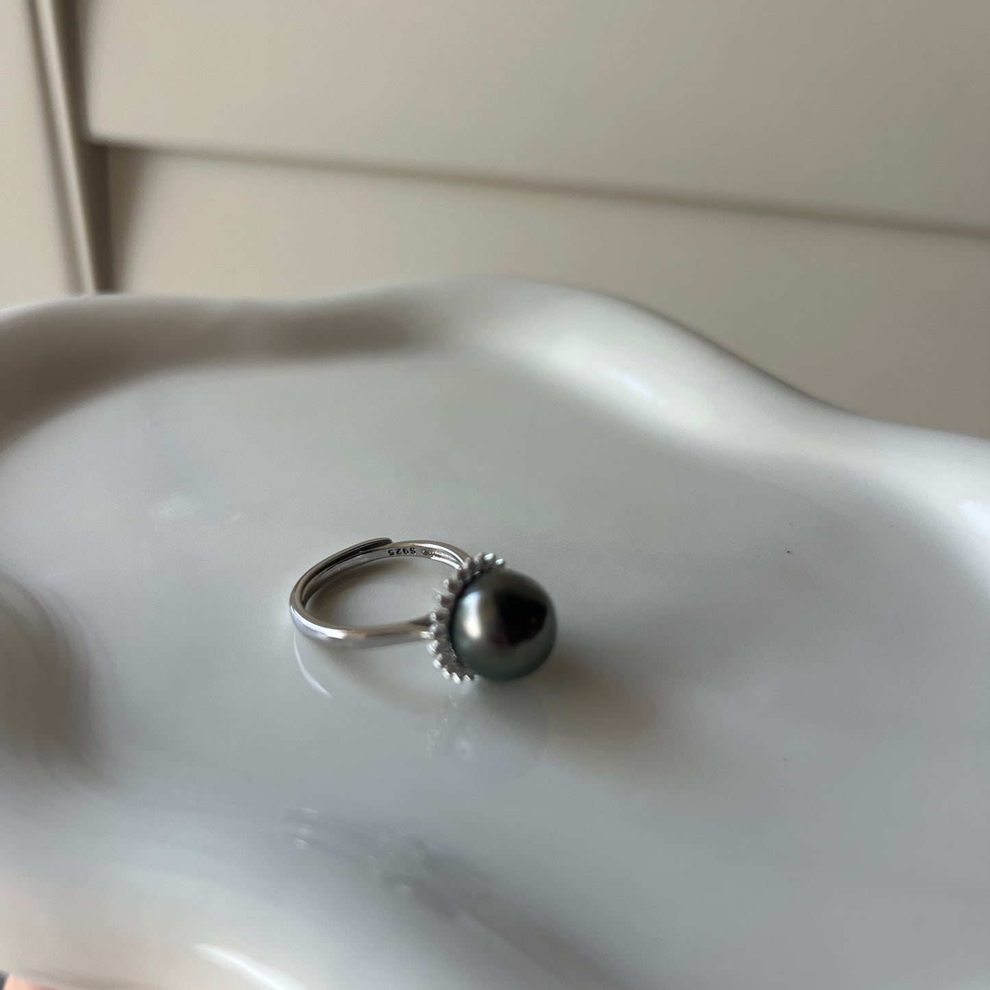 Black Tahitian pearl sunflower design ring s925 size adjustable