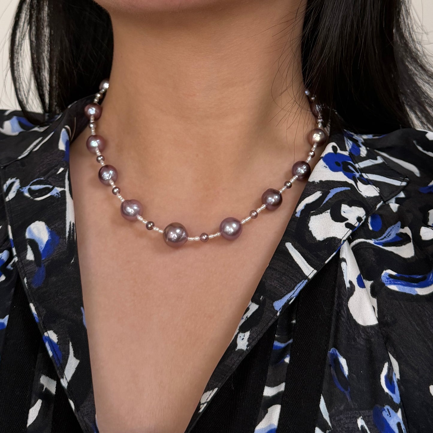 9.5-12mm & 4-5mm Metallic purple freshwater pearl necklace with white Freshwater Keshi s925