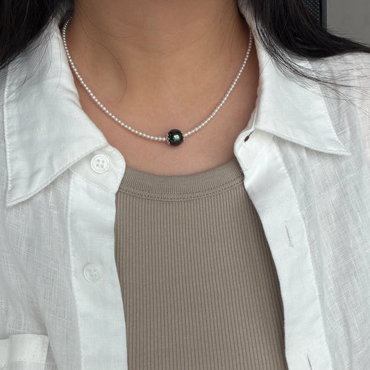 11mm Black Tahitian Pearl Green Luster lulu necklace s925