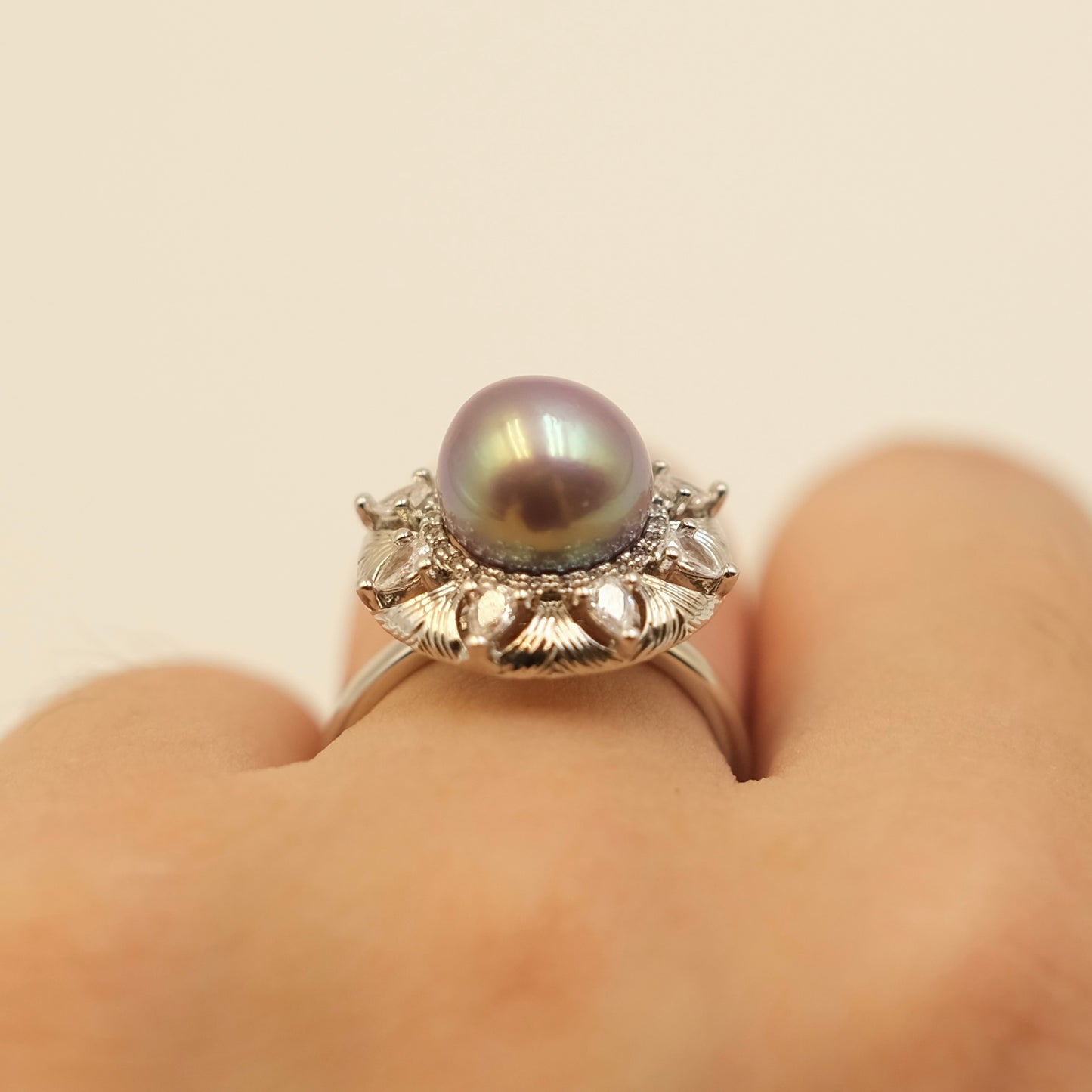Vintage Floral ube purple Freshwater Edison Pearl Ring Alloy with white gold plated