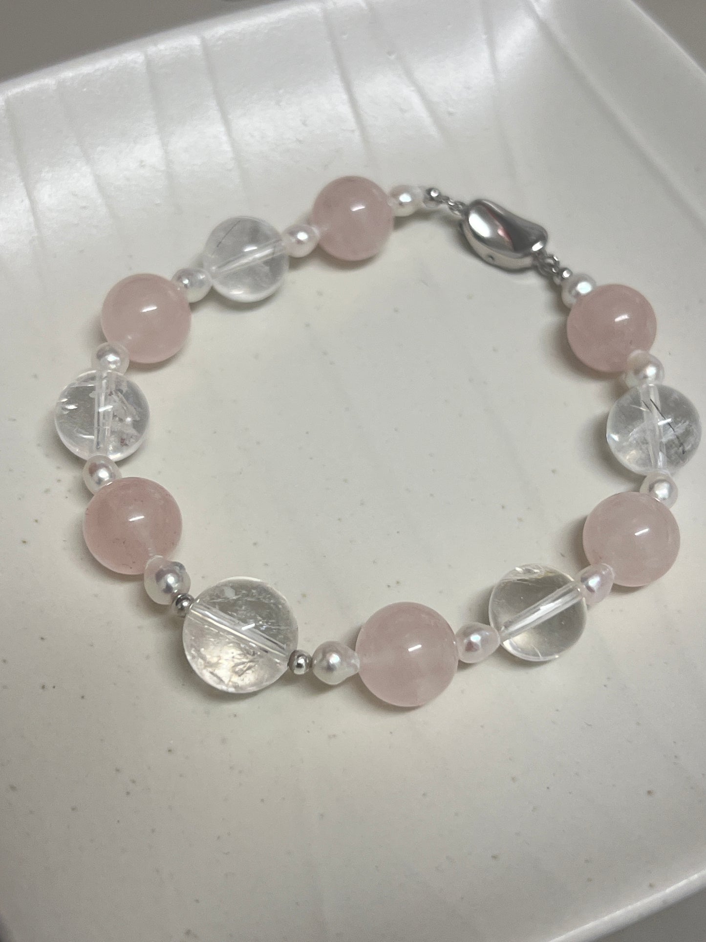 Rose quartz with white crystal bracelet s925