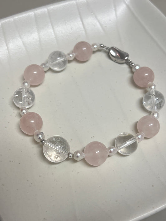 Rose quartz with white crystal bracelet s925