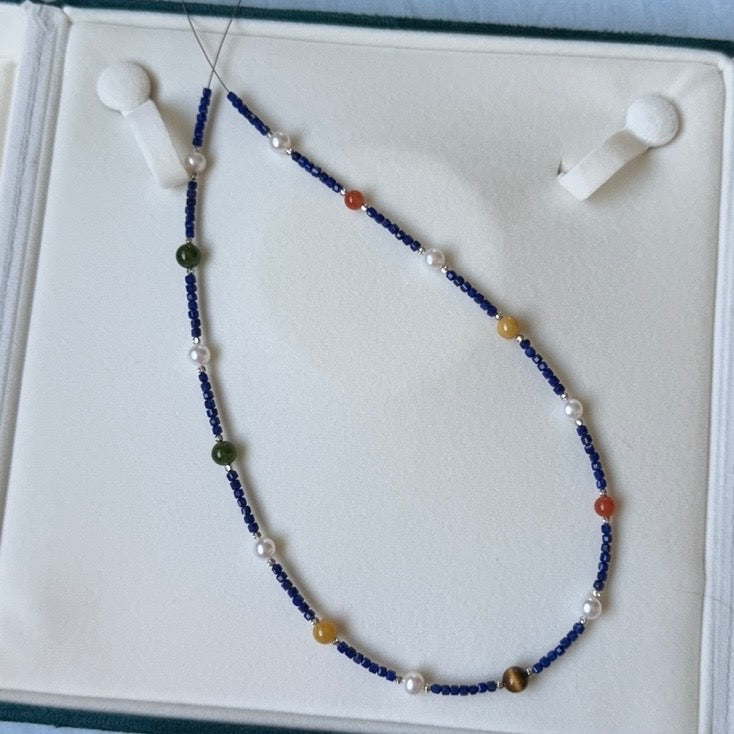 Blue lapis Harmony necklace with agate and jade s925