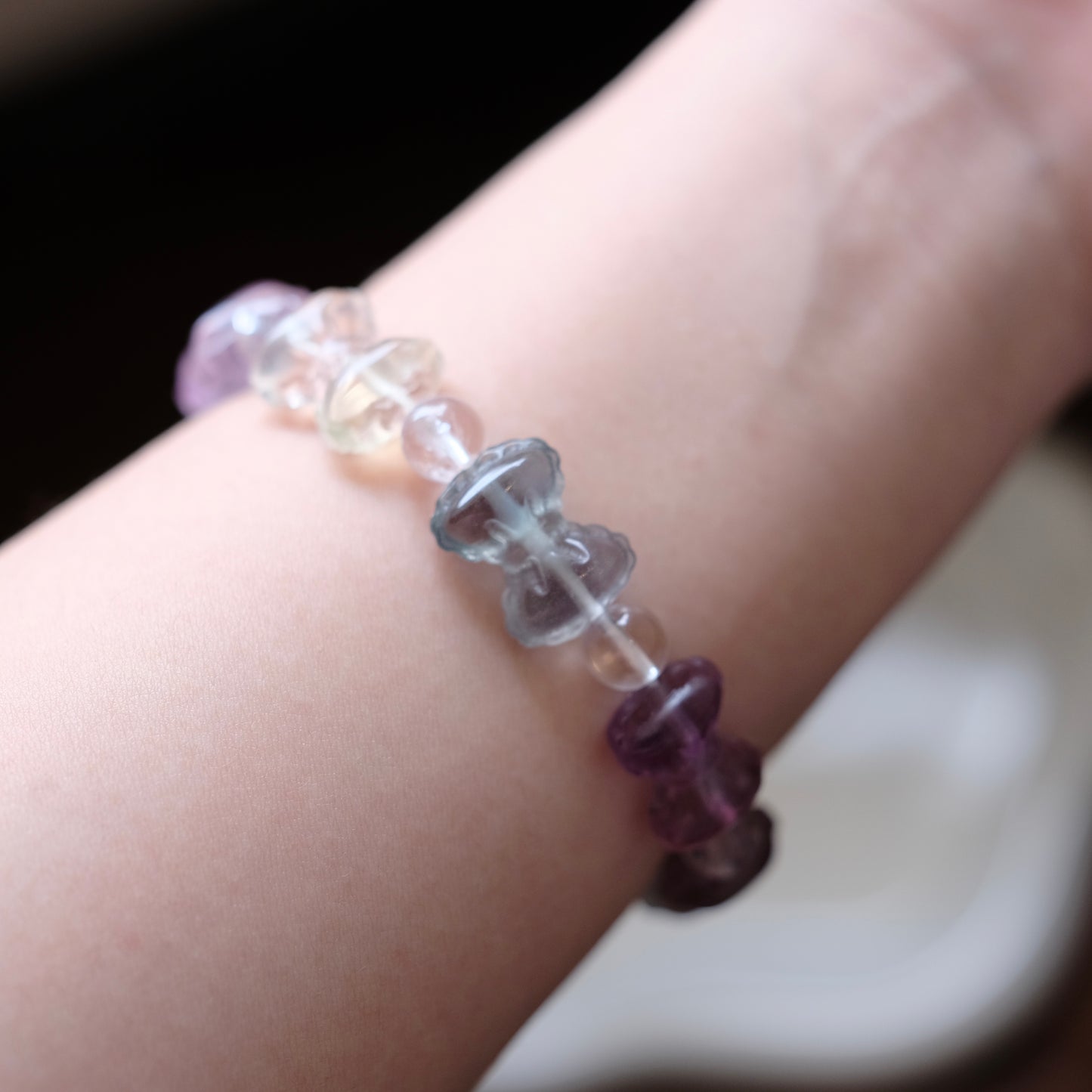 Fluorite Crystal Bracelet Bowtie Rainbow Fluorite Stone Bracelet, round crystal Gemstone Bracelet Beaded Stone Jewelry