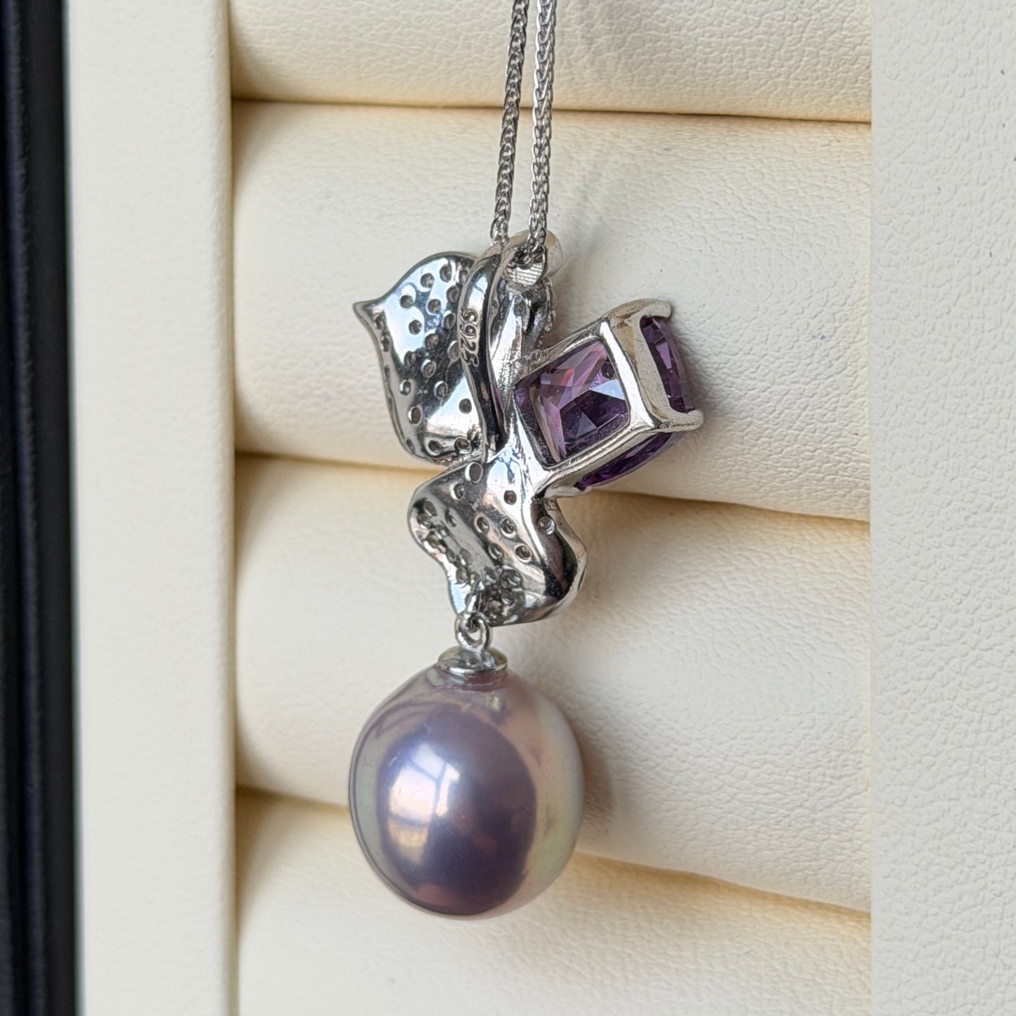 12mm metallic purple oval pearl Luxury Cz stone flower necklace s925