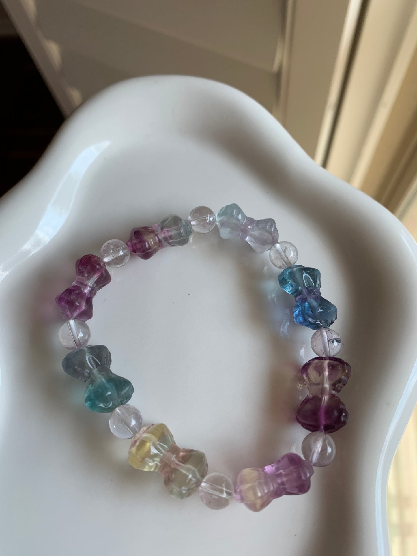 Fluorite Crystal Bracelet Bowtie Rainbow Fluorite Stone Bracelet, round crystal Gemstone Bracelet Beaded Stone Jewelry