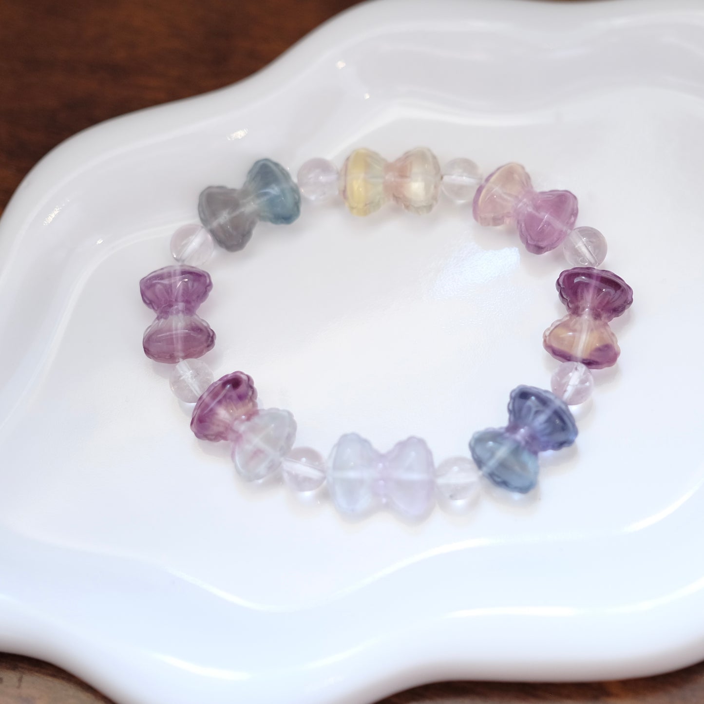 Fluorite Crystal Bracelet Bowtie Rainbow Fluorite Stone Bracelet, round crystal Gemstone Bracelet Beaded Stone Jewelry