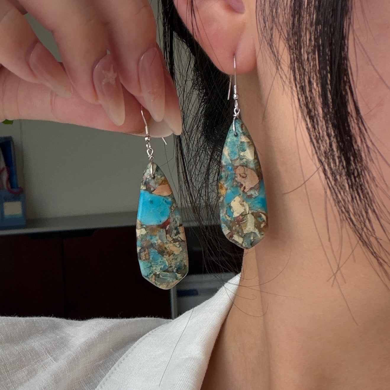 Natural Shoushan stone mosaic style drop earrings s925