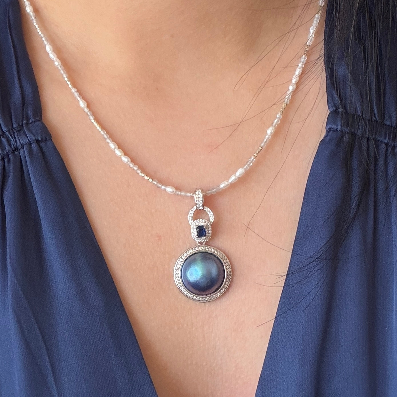 Seawater Mabe Ocean Blue Color Pendant ONLY cz blue stone s925 detachable attachment included Mabe size 14mm Setting 20mm