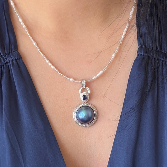 Hold for Kim Seawater Mabe Ocean Blue Color Pendant ONLY cz blue stone s925 detachable attachment included Mabe size 14mm Setting 20mm