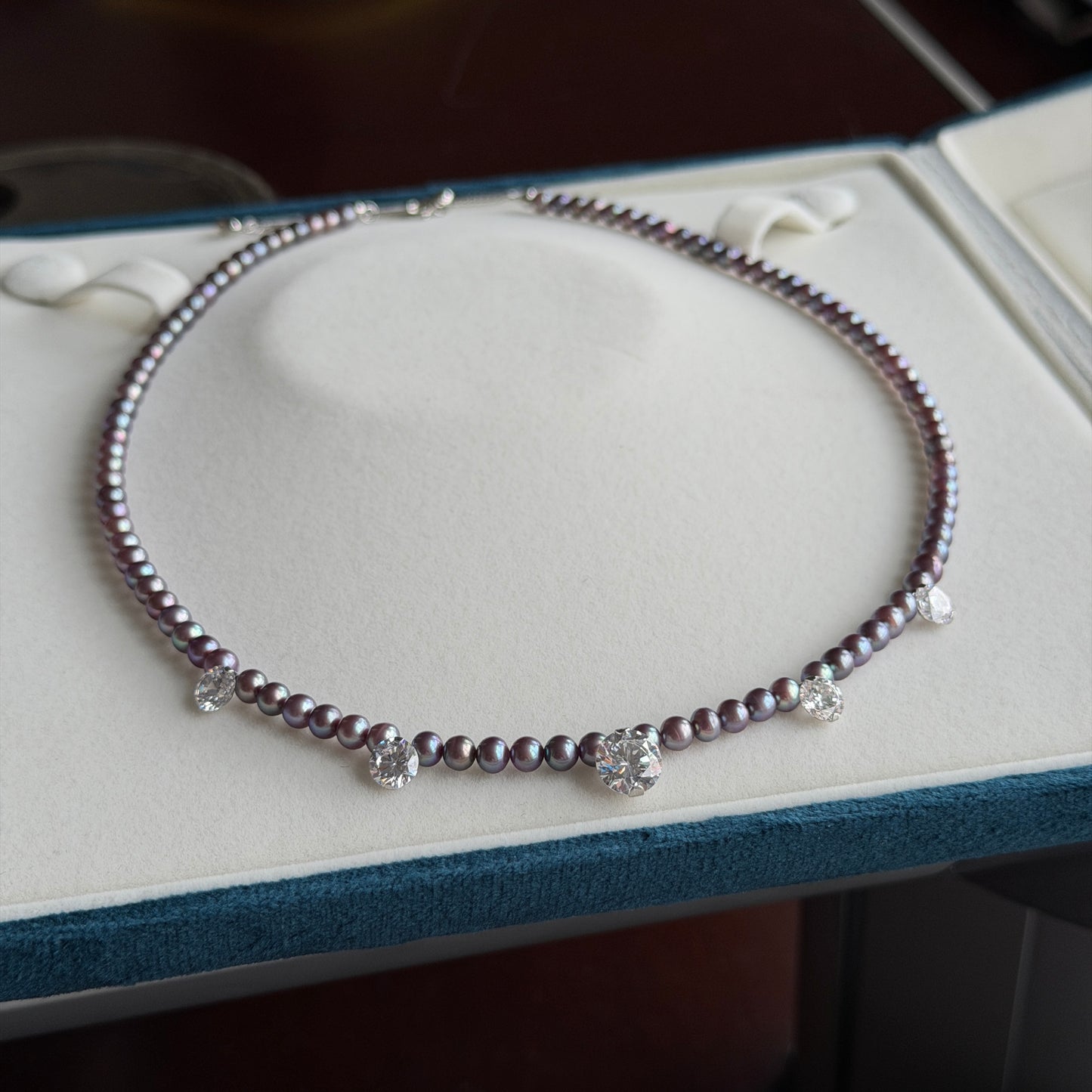 Stunning 4-5mm Metallic luster purple pearl with 5 sparkle zircon stone necklace s925