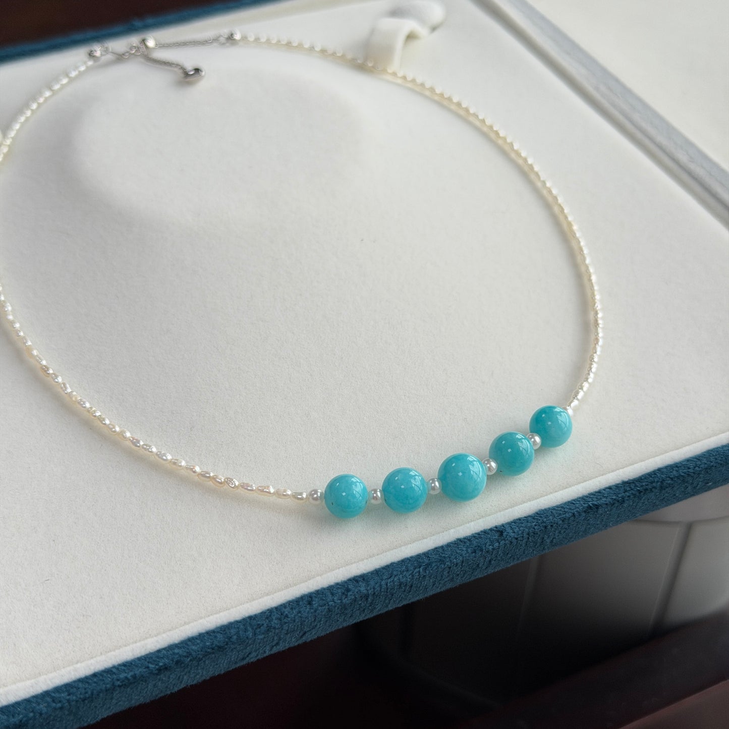 Big Smile Tiffany Blue color Amazonite stone freshwater pearl keshi necklace s925