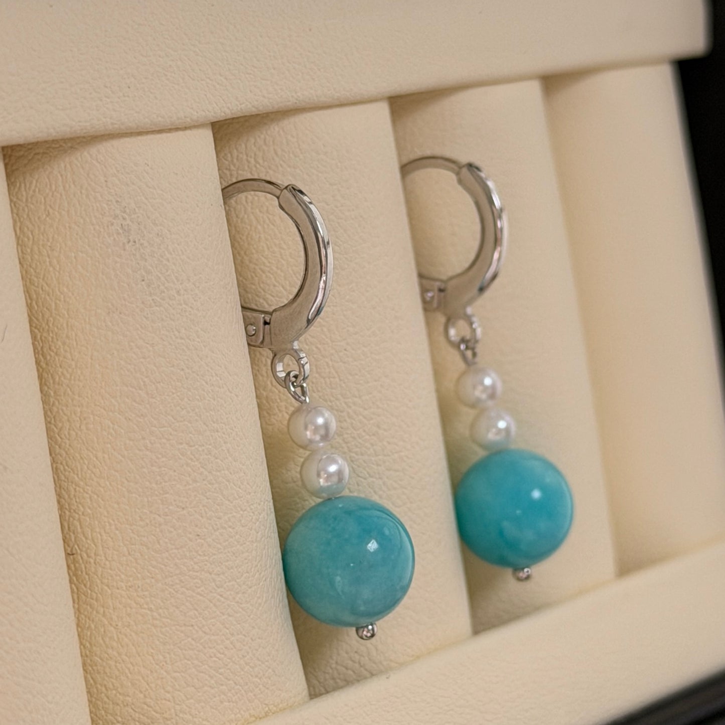 Tiffany blue color Amazonite pearl earring hoop style s925