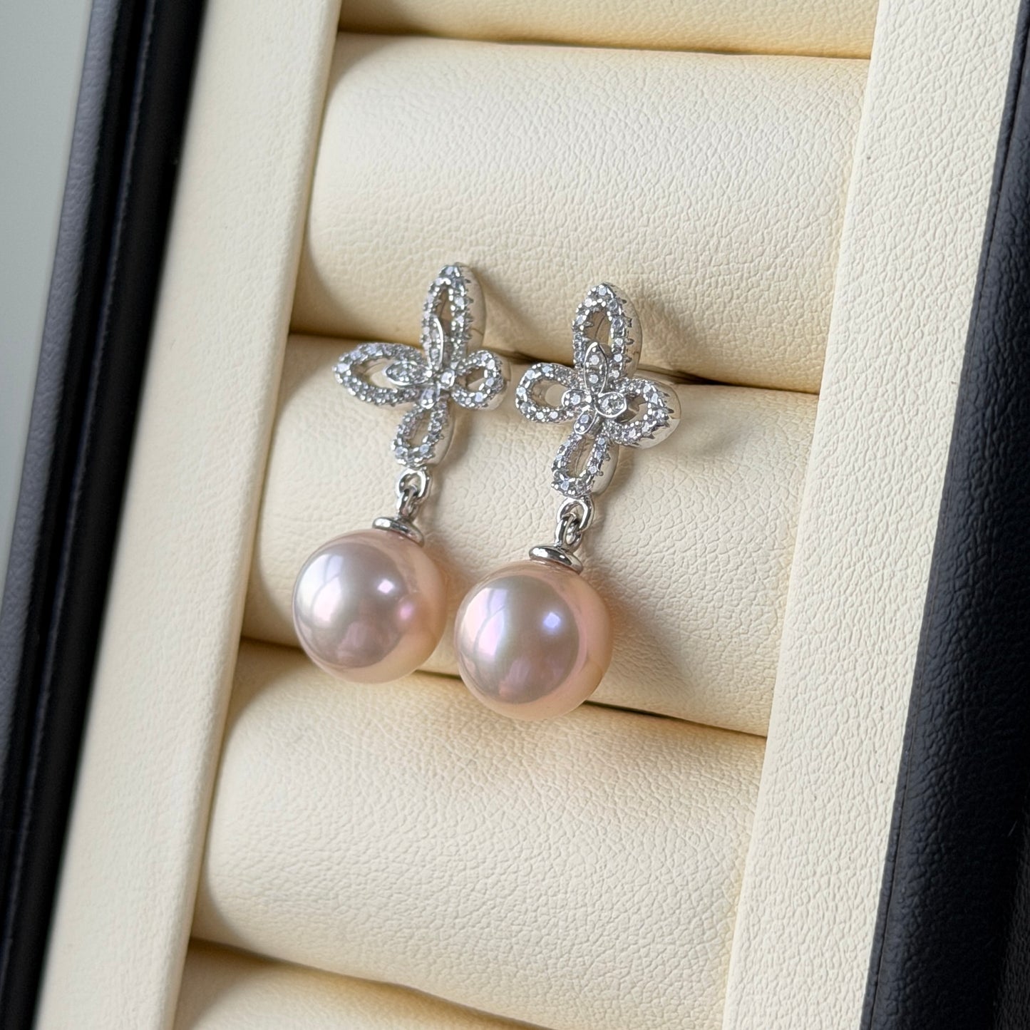 9-10mm Top grade Seedless Round shape Freshwater pearl butterfly earrings s925