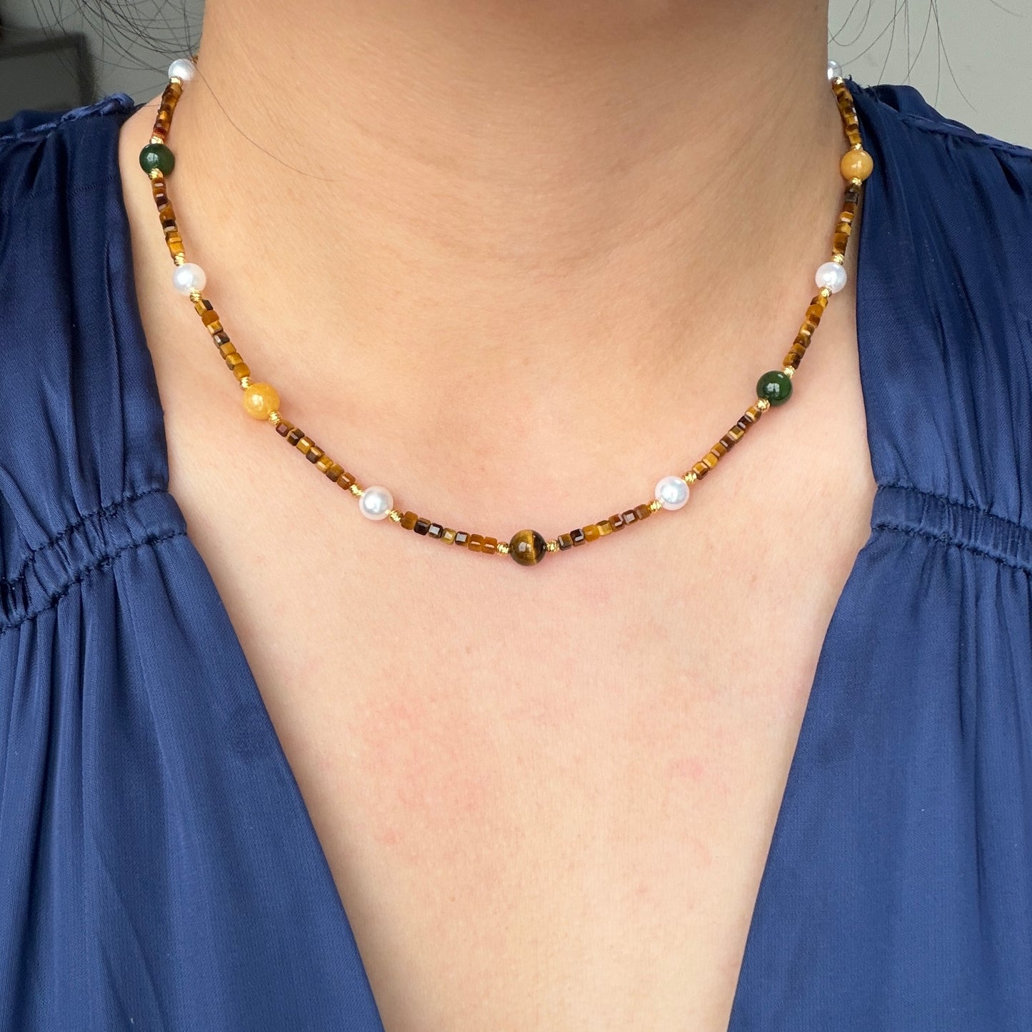 Unique Tiger eye pearl hetian jade yellow jade necklace s925