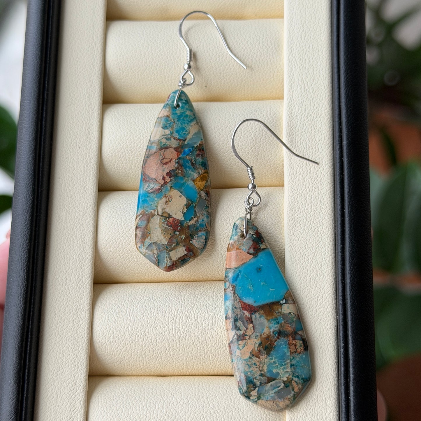 Natural Shoushan stone mosaic style drop earrings s925