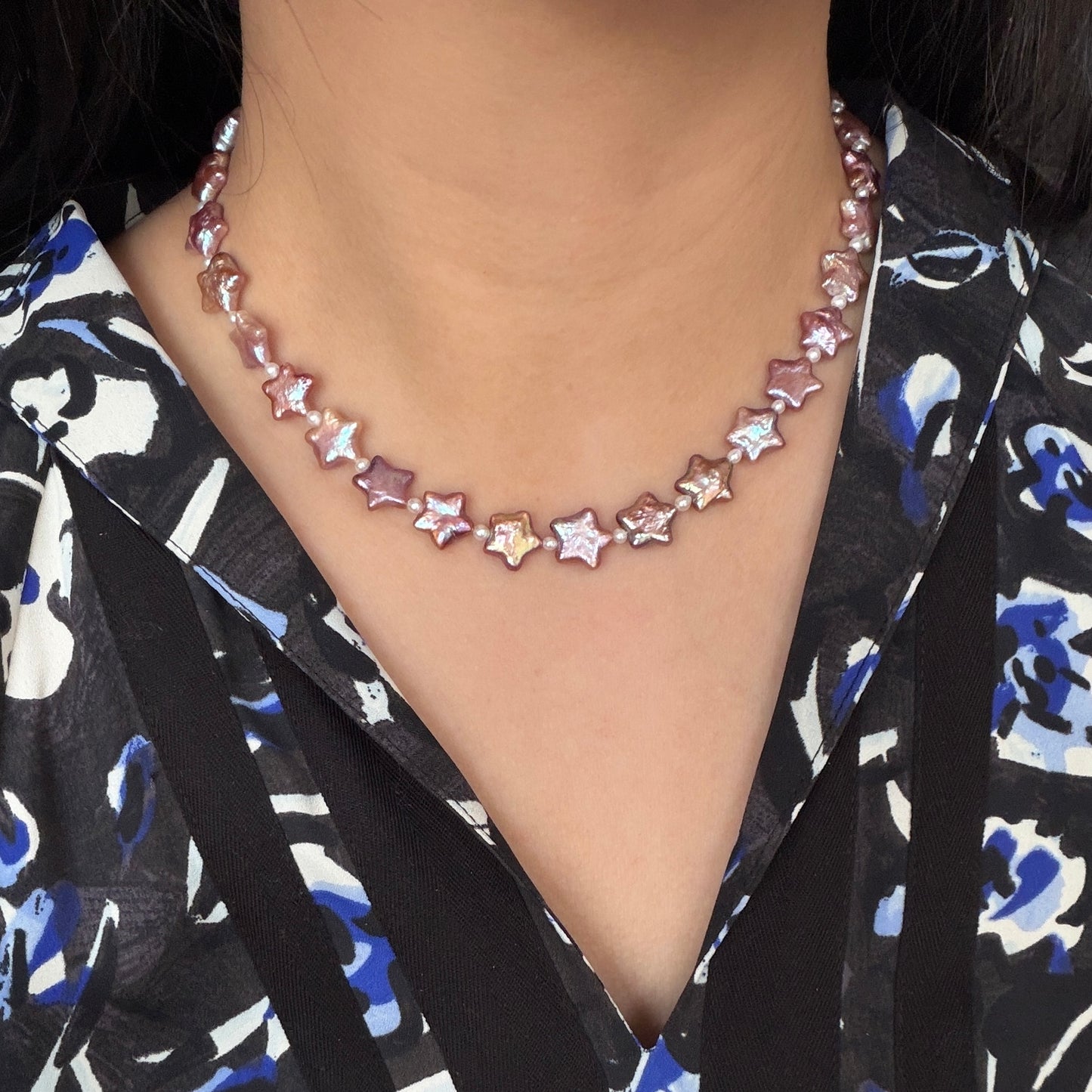 Metallic Purple Star Pearl necklace full strand s925