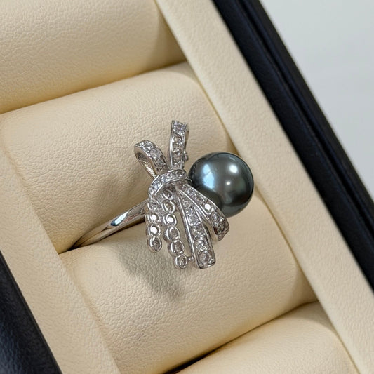Black Tahitian pearl luxury bow cz stone ring s925