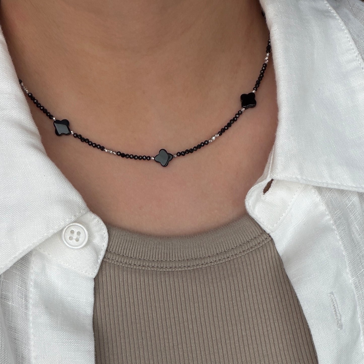 Black Lucky Four leaves flower Agate with black spinel necklace s925