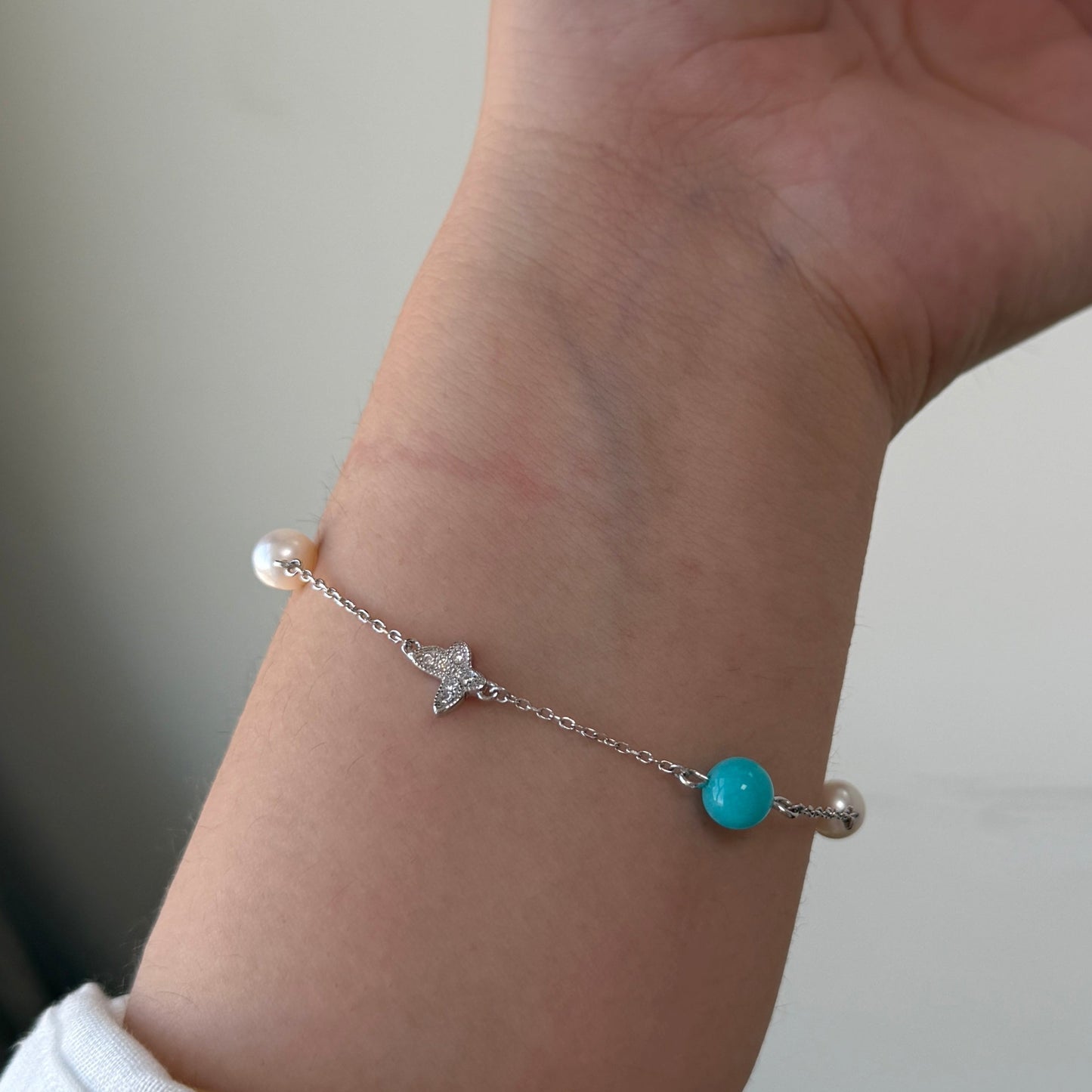 Freshwater pearl with Amazonite butterfly bracelet dainty style s925