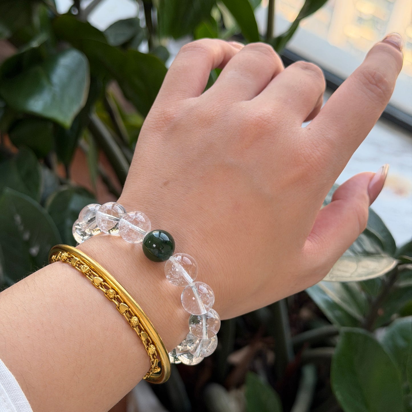 Hetian Jade spinach green with white crystal Azeztulite elastic bracelet