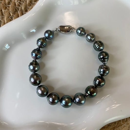 Black Tahitian baroque pearl peacock stunning luster bracelet s925 clasp 16cm