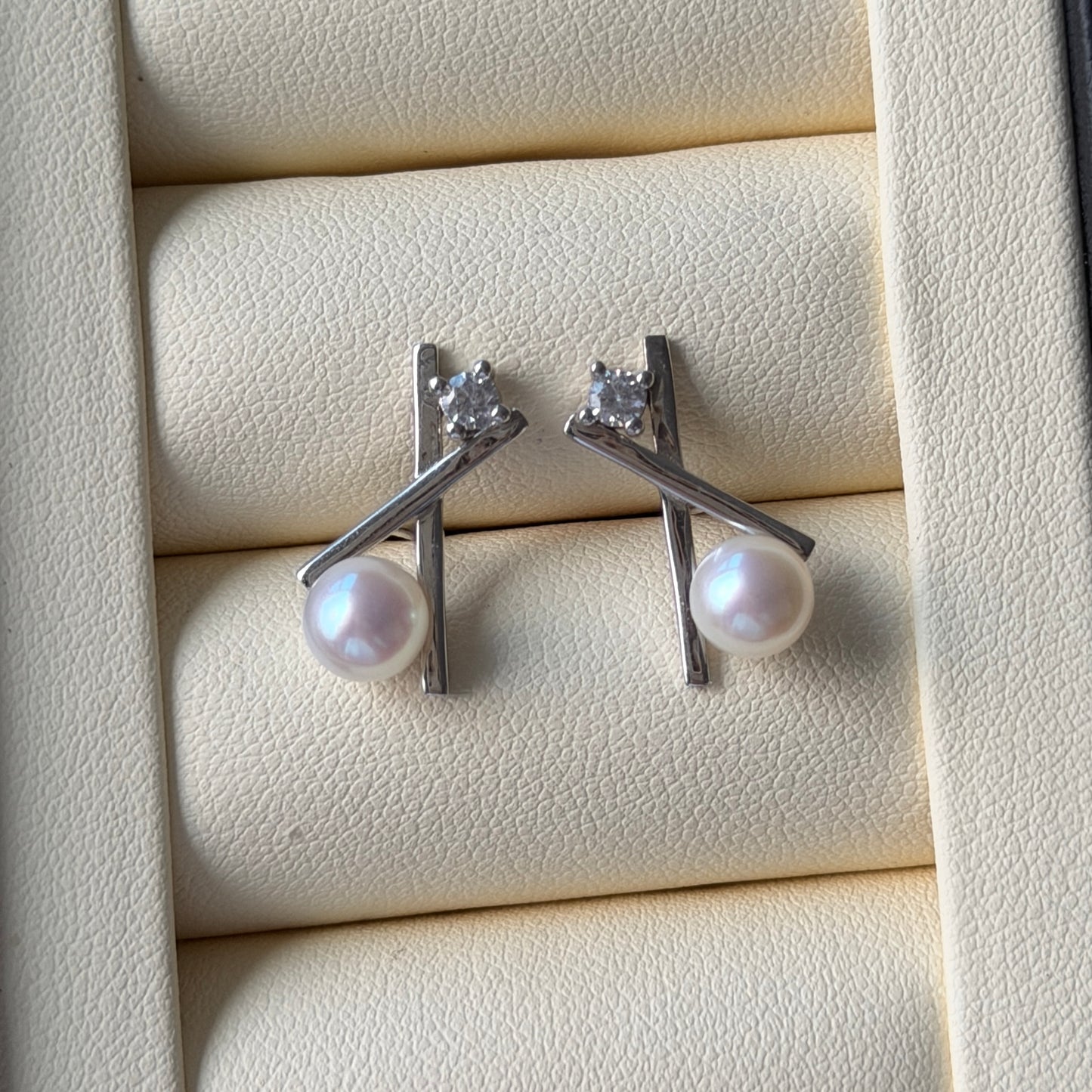 6.5-7mm freshwater pearl X shape Cz stone earring studs s925 office style everyday wear dainty simple timeless
