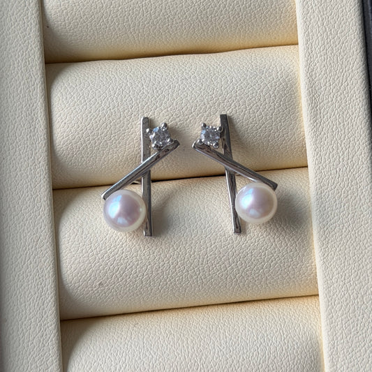 6.5-7mm freshwater pearl X shape Cz stone earring studs s925 office style everyday wear dainty simple timeless