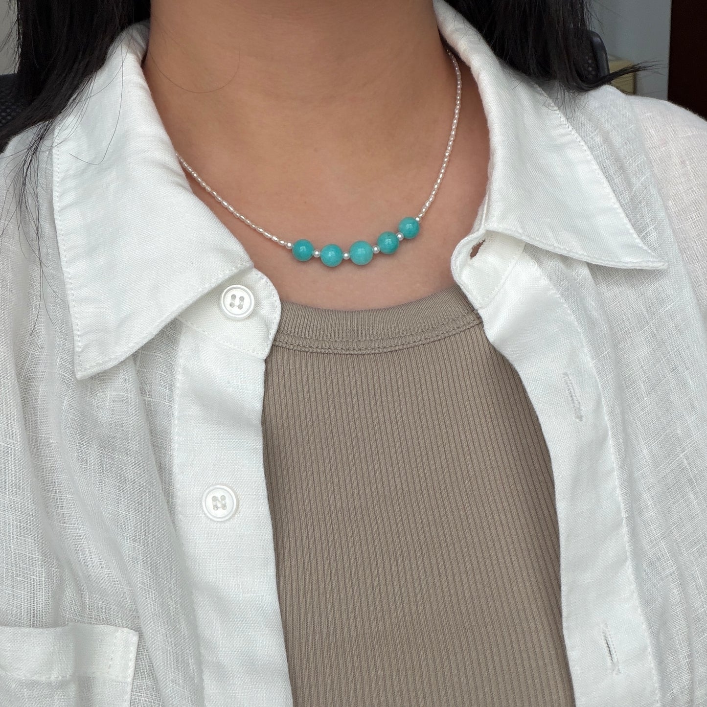 Big Smile Tiffany Blue color Amazonite stone freshwater pearl keshi necklace s925