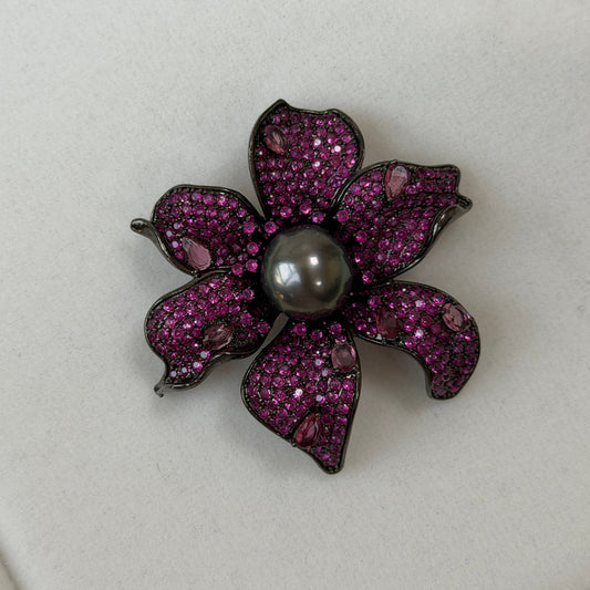 Black Tahitian Pearl Black Pink Floral Brooch