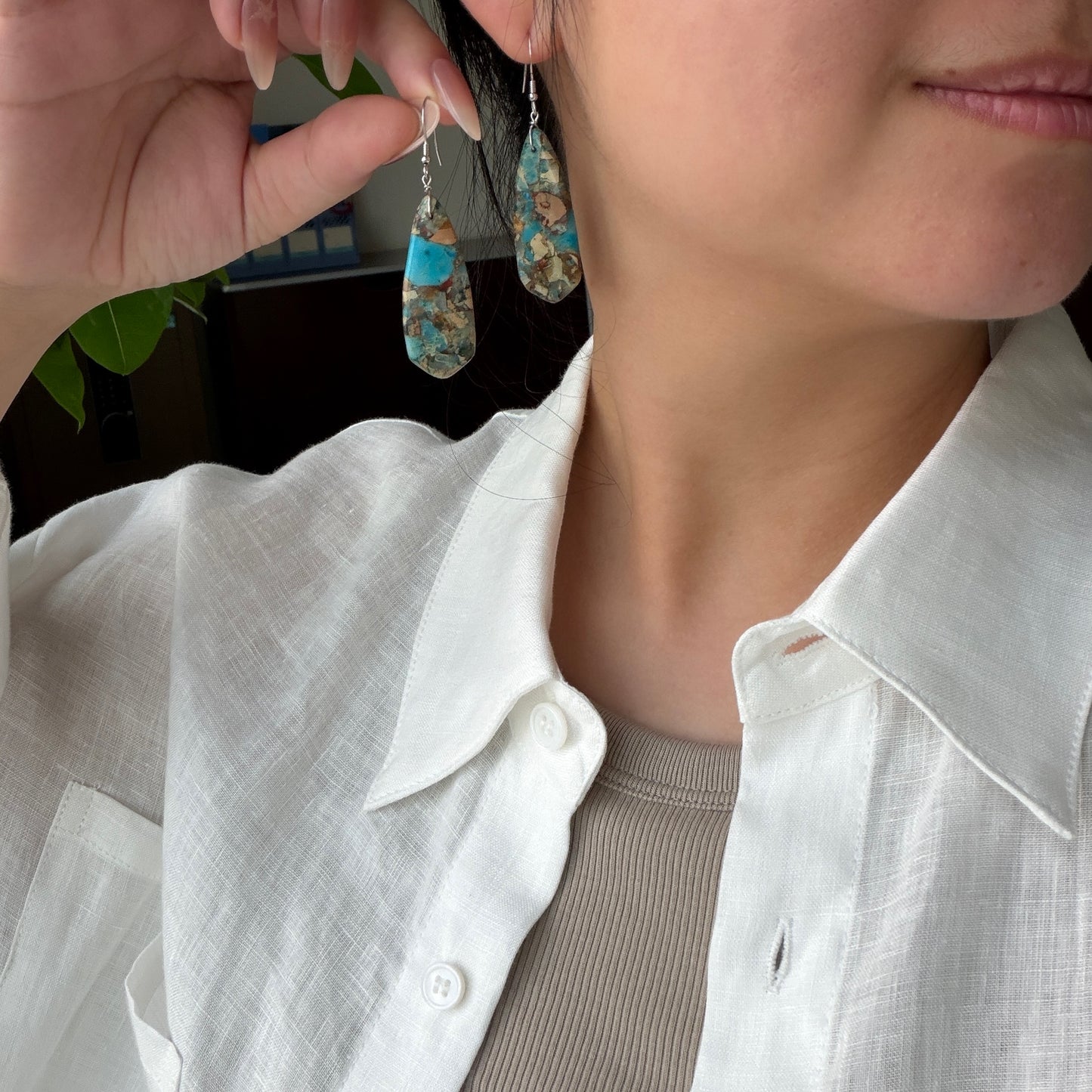 Natural Shoushan stone mosaic style drop earrings s925
