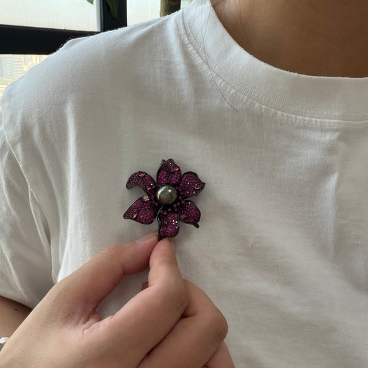 Black Tahitian Pearl Black Pink Floral Brooch