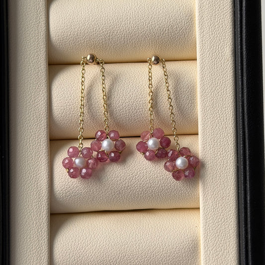 Cute pink flower pearl earrings drop style s925