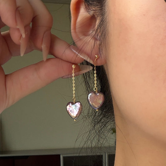 Purple metallic heart pearl flowy earrings s925 12-13mm