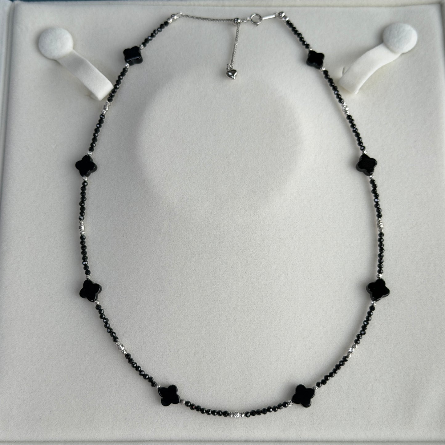 Black Lucky Four leaves flower Agate with black spinel necklace s925