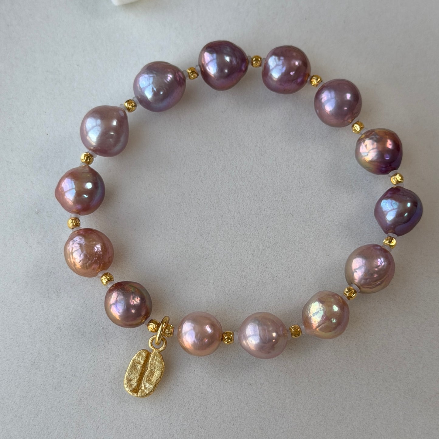 Baroque metallic luster Purple Pink Gold freshwater pearl bracelet s925 with coffee bean charm